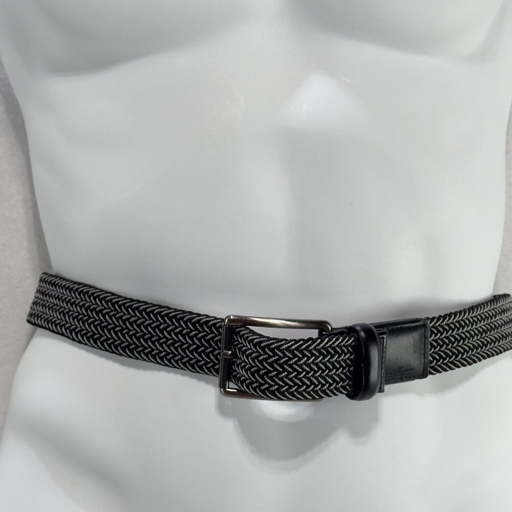 BEN HOGAN Men Black White Braided Elastic Belt Silver Metal Buckle  Leather Trim